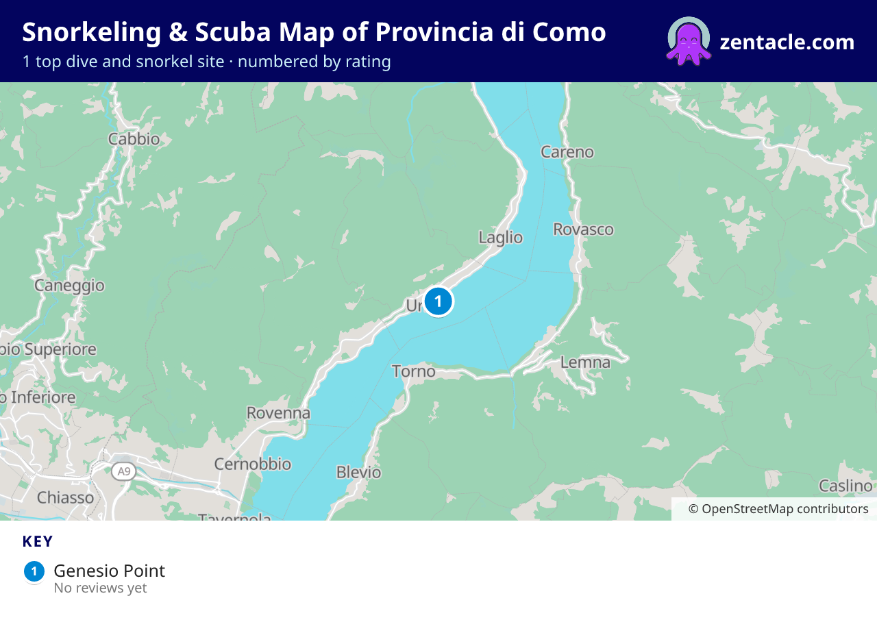 Snorkeling & Scuba Map of Provincia di Como: numbered map of the top 1 dive and snorkel sites, with ratings