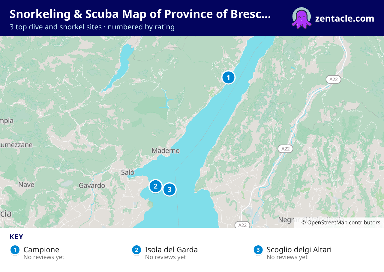 Snorkeling & Scuba Map of Province of Brescia: numbered map of the top 3 dive and snorkel sites, with ratings