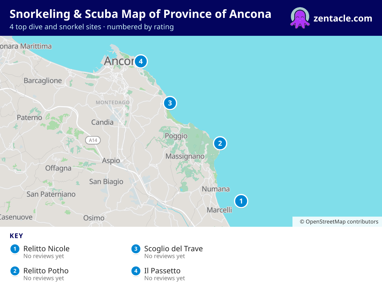 Snorkeling & Scuba Map of Province of Ancona: numbered map of the top 4 dive and snorkel sites, with ratings