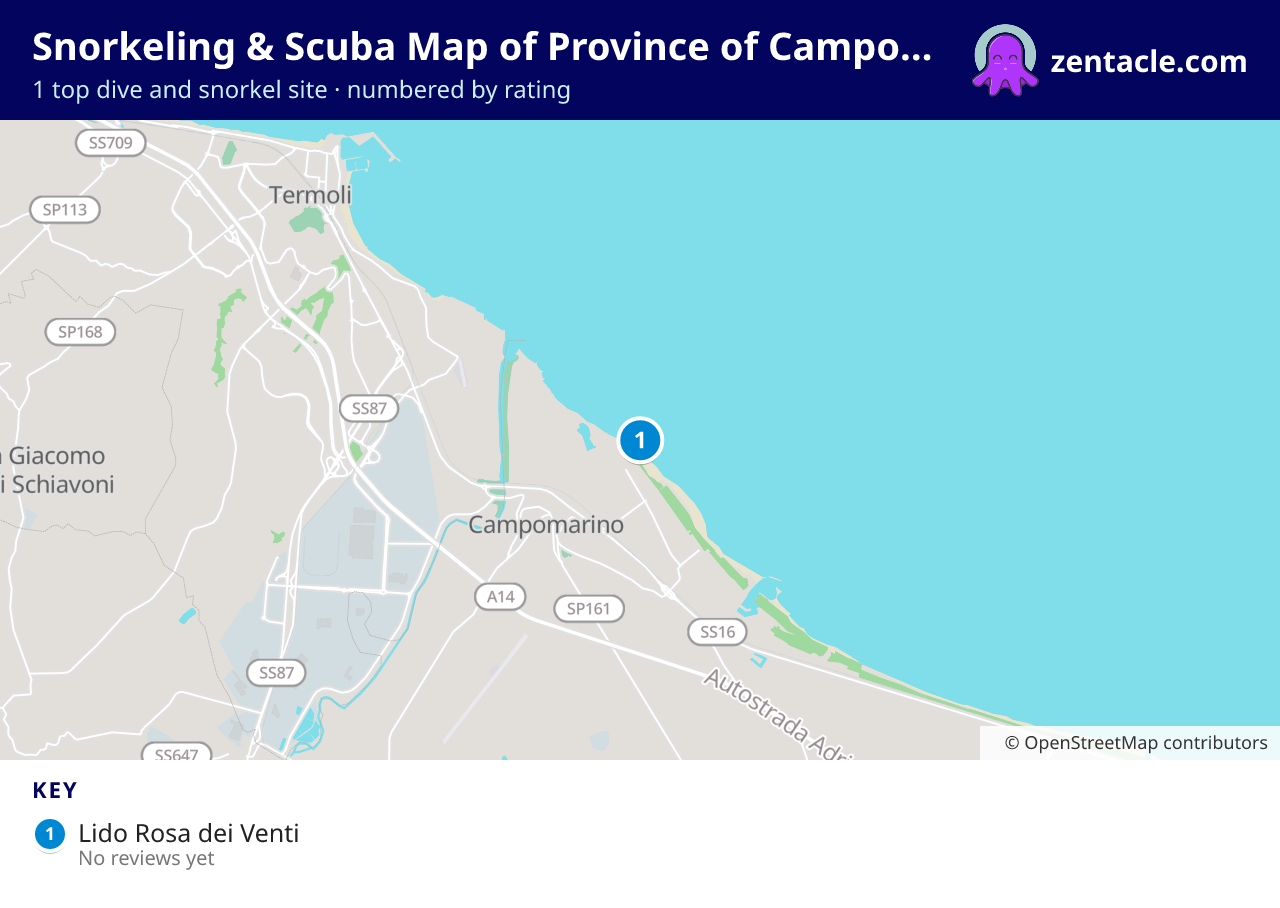 Snorkeling & Scuba Map of Province of Campobasso: numbered map of the top 1 dive and snorkel sites, with ratings
