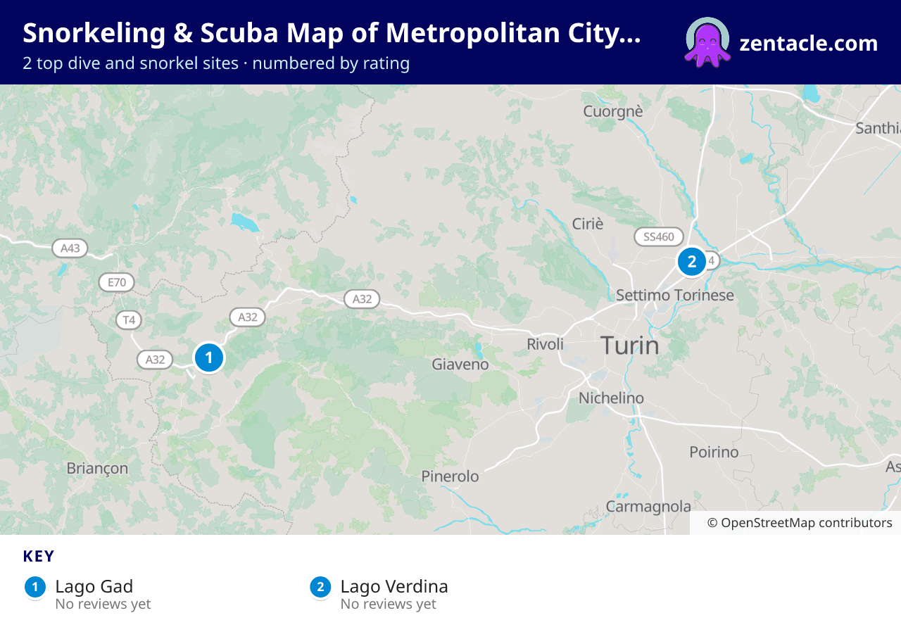 Snorkeling & Scuba Map of Metropolitan City of Turin: numbered map of the top 2 dive and snorkel sites, with ratings