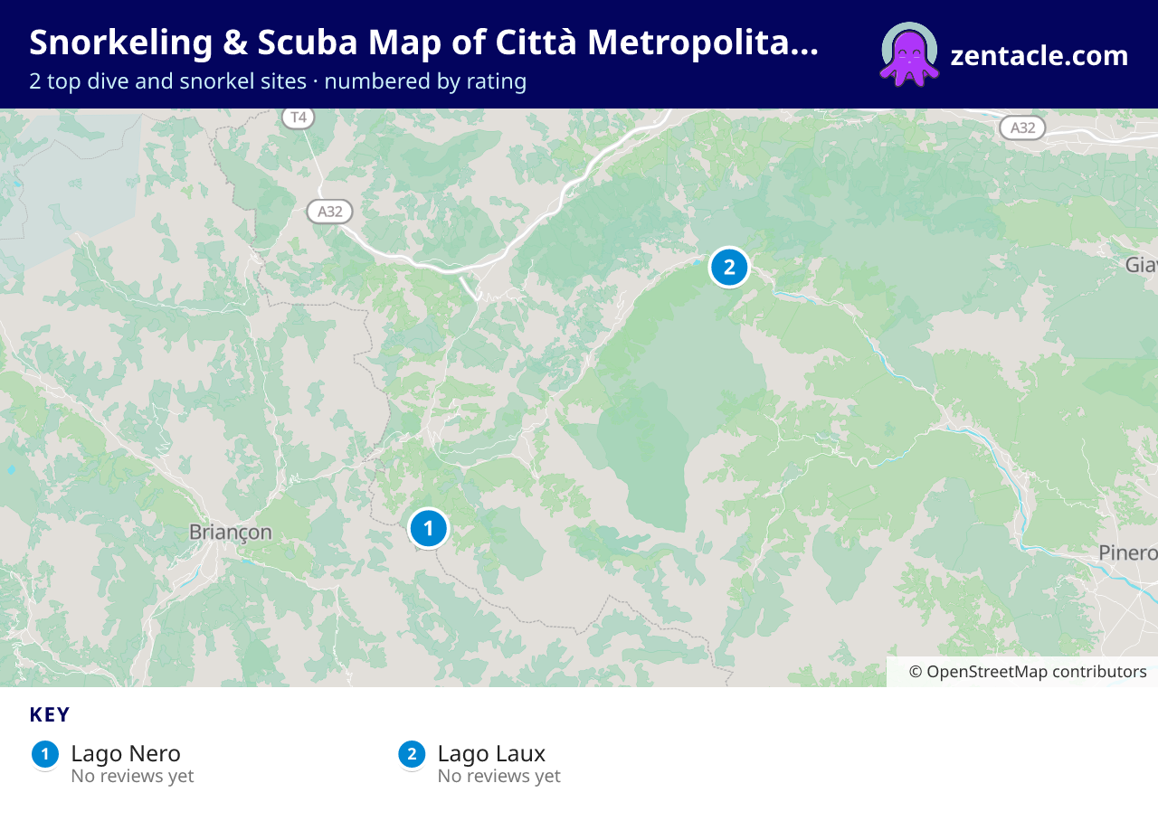 Snorkeling & Scuba Map of Città Metropolitana di Torino: numbered map of the top 2 dive and snorkel sites, with ratings