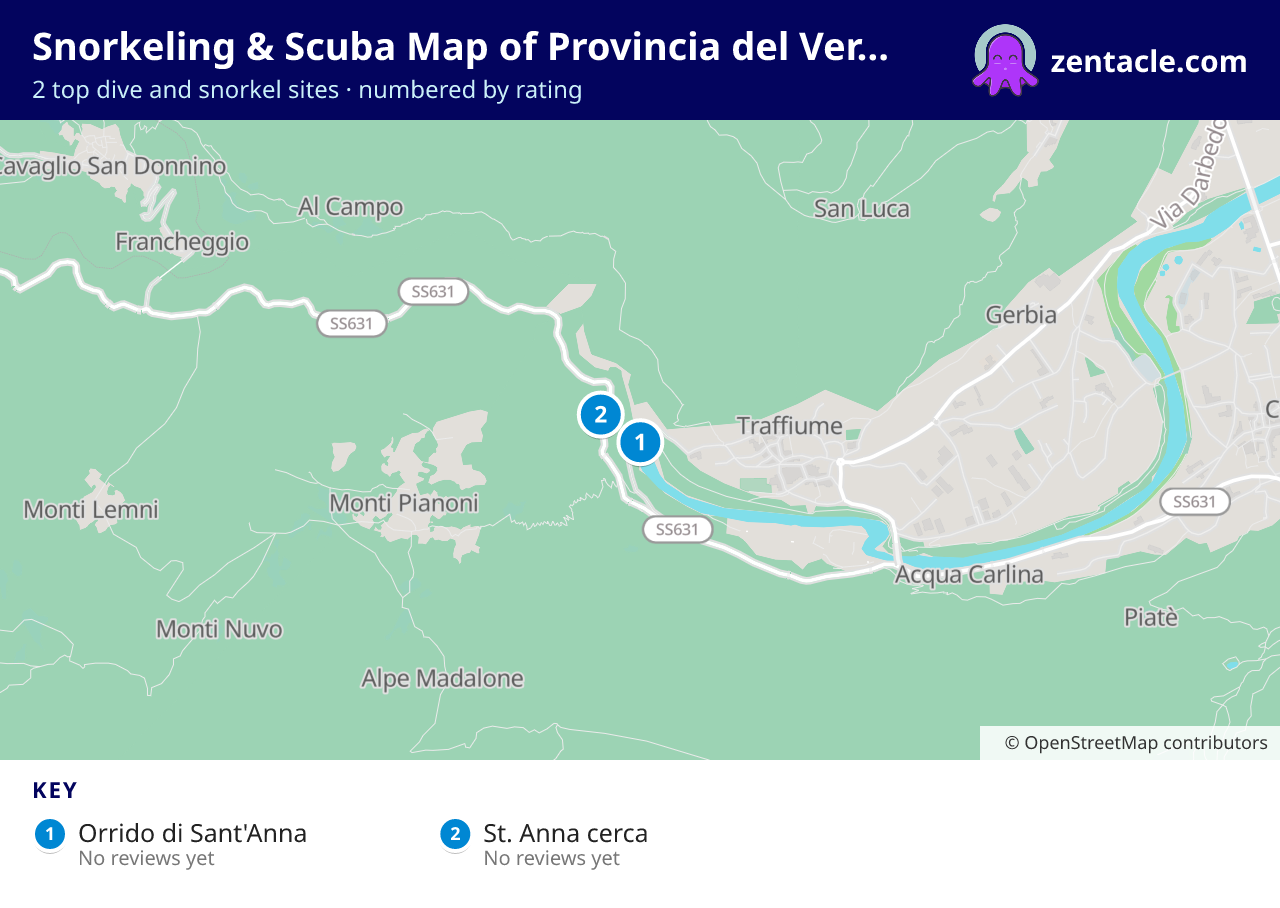 Snorkeling & Scuba Map of Provincia del Verbano-Cusio-Ossola: numbered map of the top 2 dive and snorkel sites, with ratings
