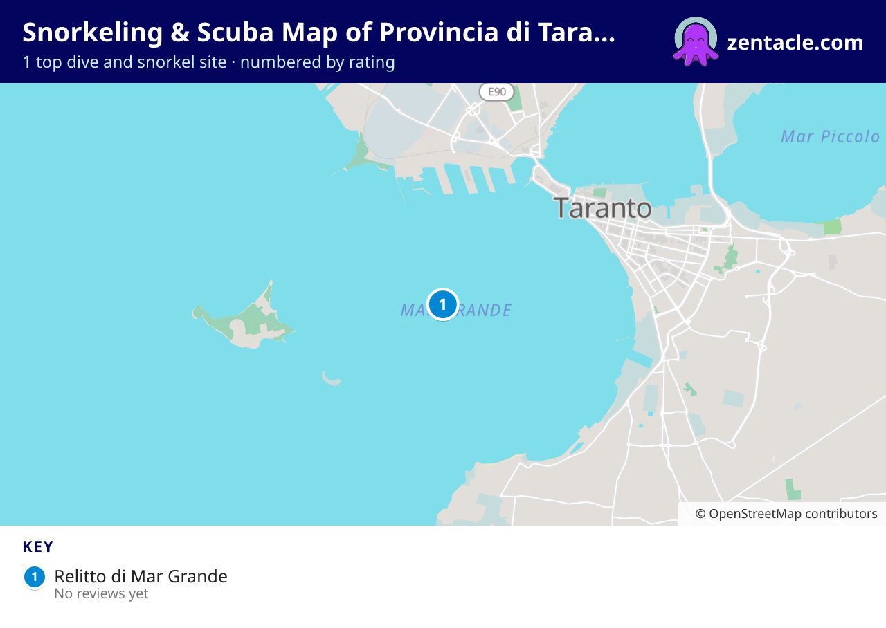 Snorkeling & Scuba Map of Provincia di Taranto: numbered map of the top 1 dive and snorkel sites, with ratings