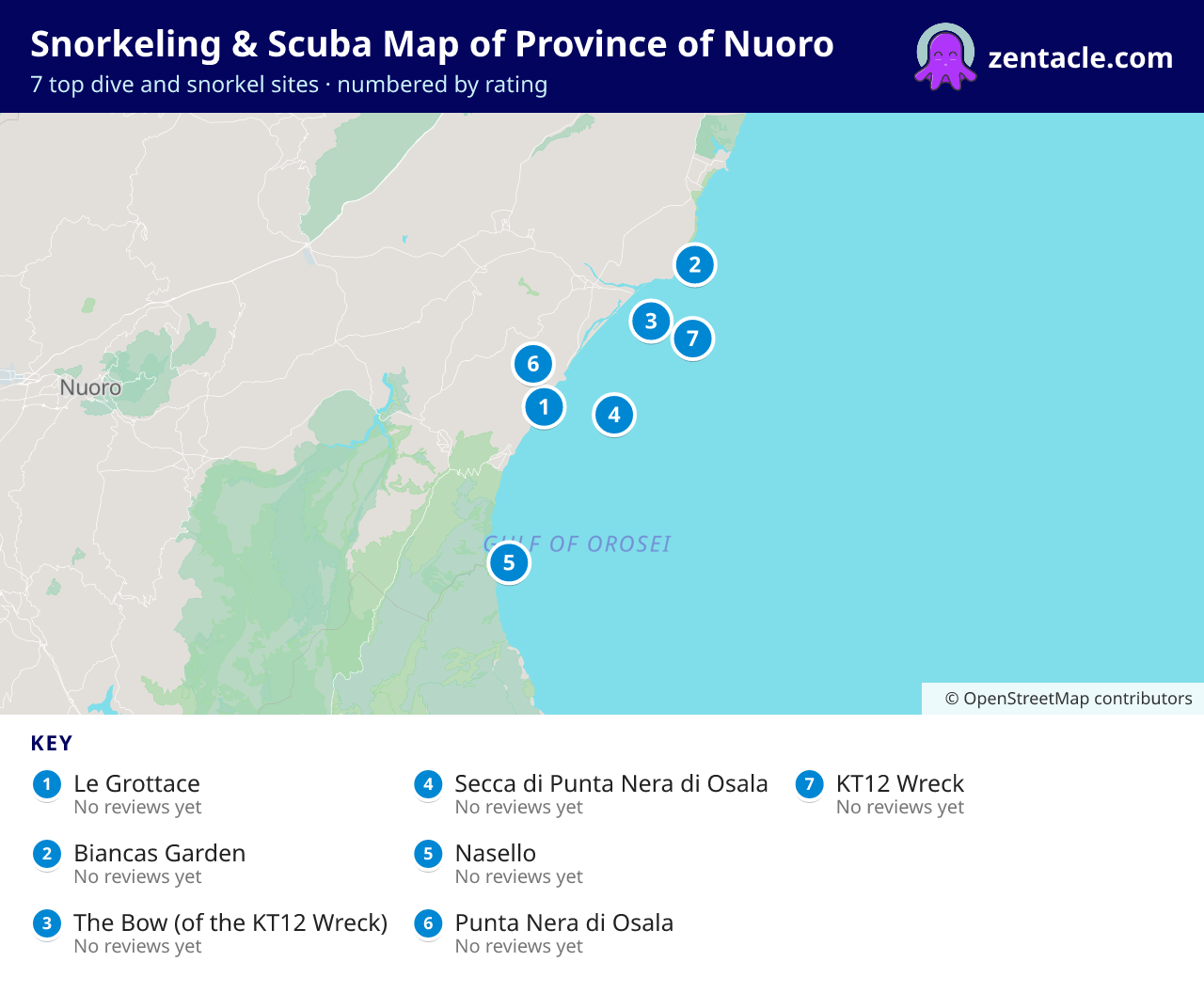 Snorkeling & Scuba Map of Province of Nuoro: numbered map of the top 7 dive and snorkel sites, with ratings