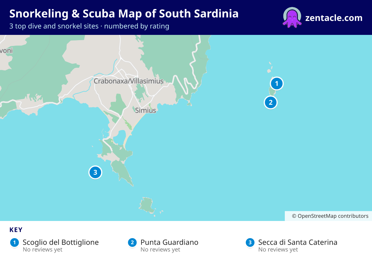 Snorkeling & Scuba Map of South Sardinia: numbered map of the top 3 dive and snorkel sites, with ratings