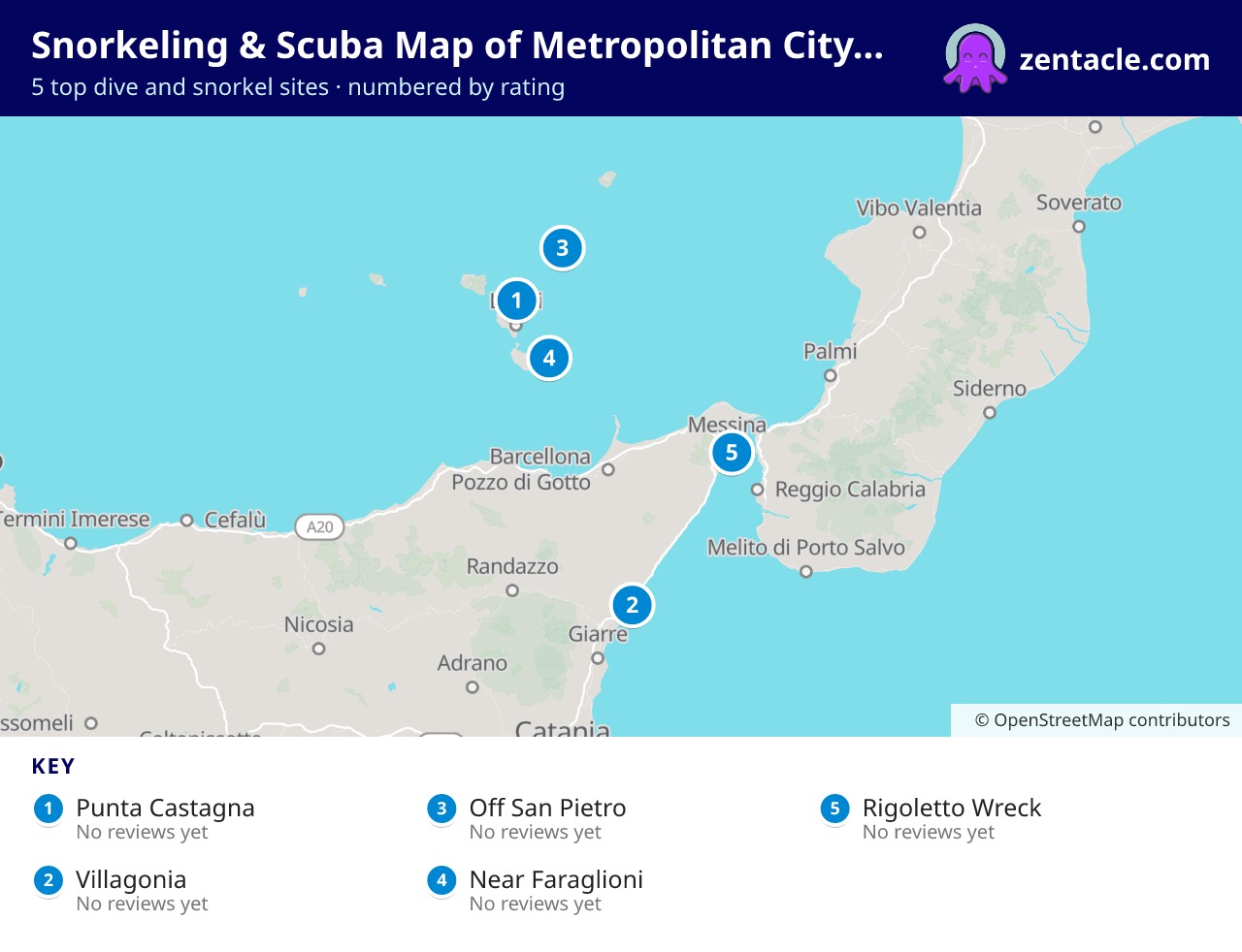 Snorkeling & Scuba Map of Metropolitan City of Messina: numbered map of the top 5 dive and snorkel sites, with ratings