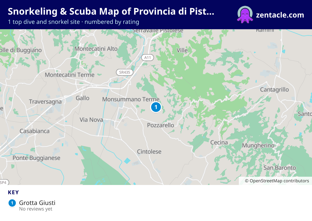 Snorkeling & Scuba Map of Provincia di Pistoia: numbered map of the top 1 dive and snorkel sites, with ratings