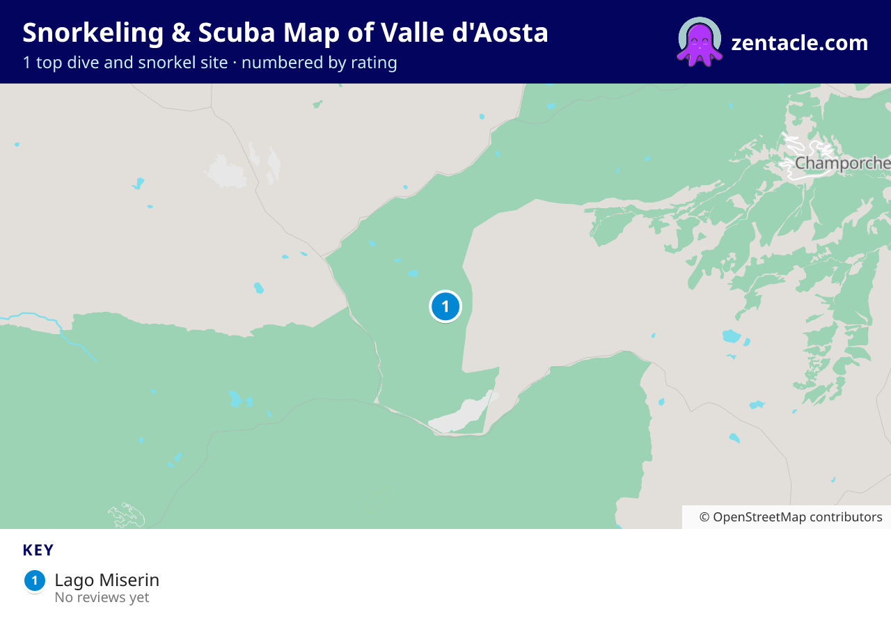 Snorkeling & Scuba Map of Valle d'Aosta: numbered map of the top 1 dive and snorkel sites, with ratings