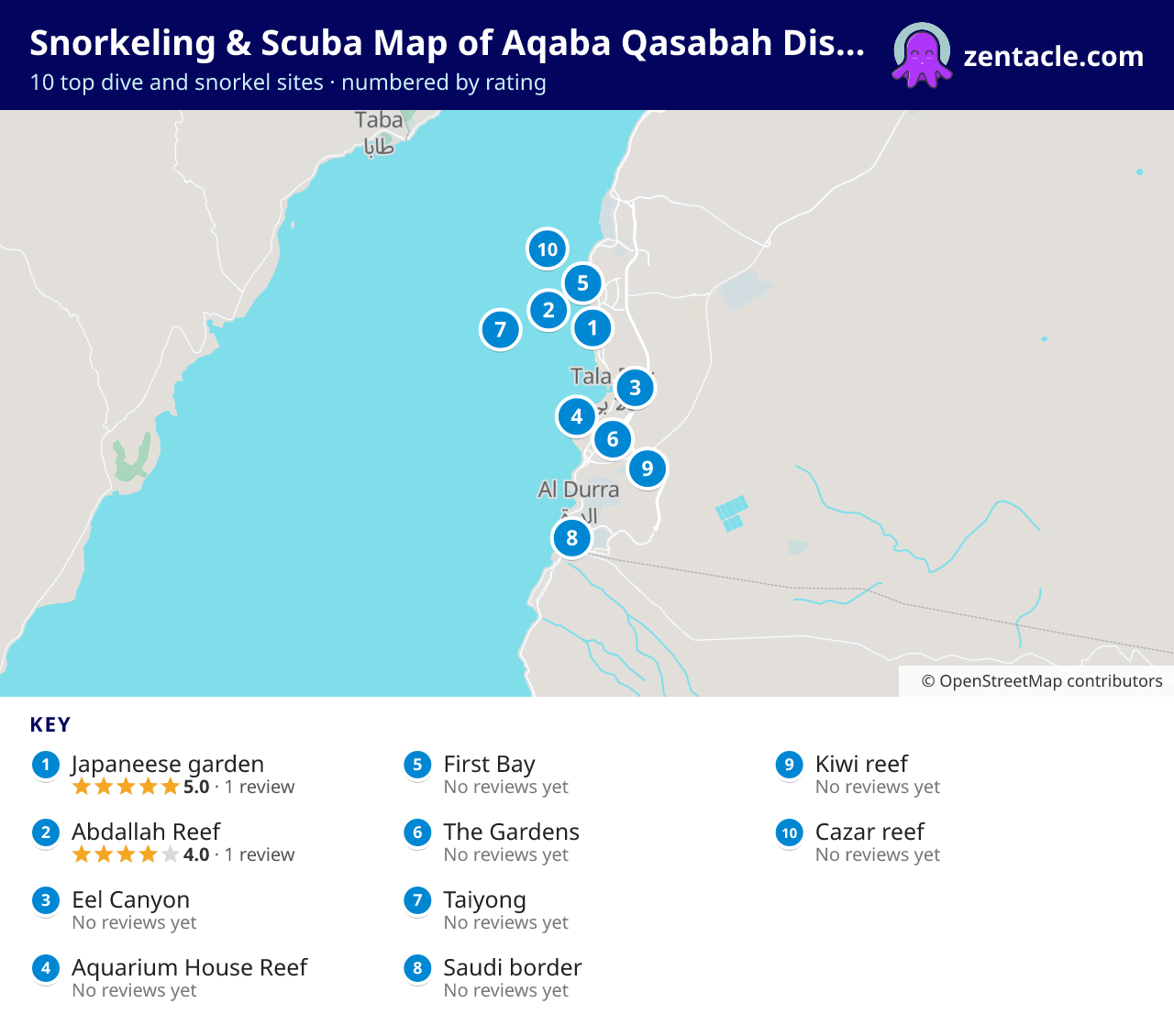 Snorkeling & Scuba Map of Aqaba Qasabah District: numbered map of the top 10 dive and snorkel sites, with ratings