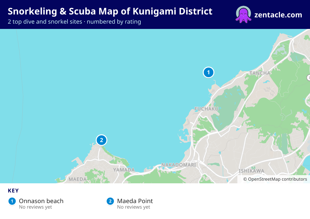 Snorkeling & Scuba Map of Kunigami District: numbered map of the top 2 dive and snorkel sites, with ratings