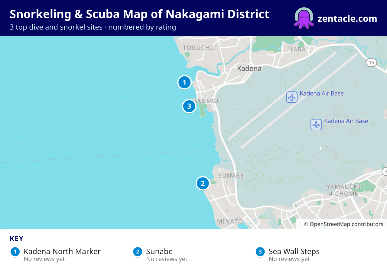 Snorkeling & Scuba Map of Nakagami District: numbered map of the top 3 dive and snorkel sites, with ratings