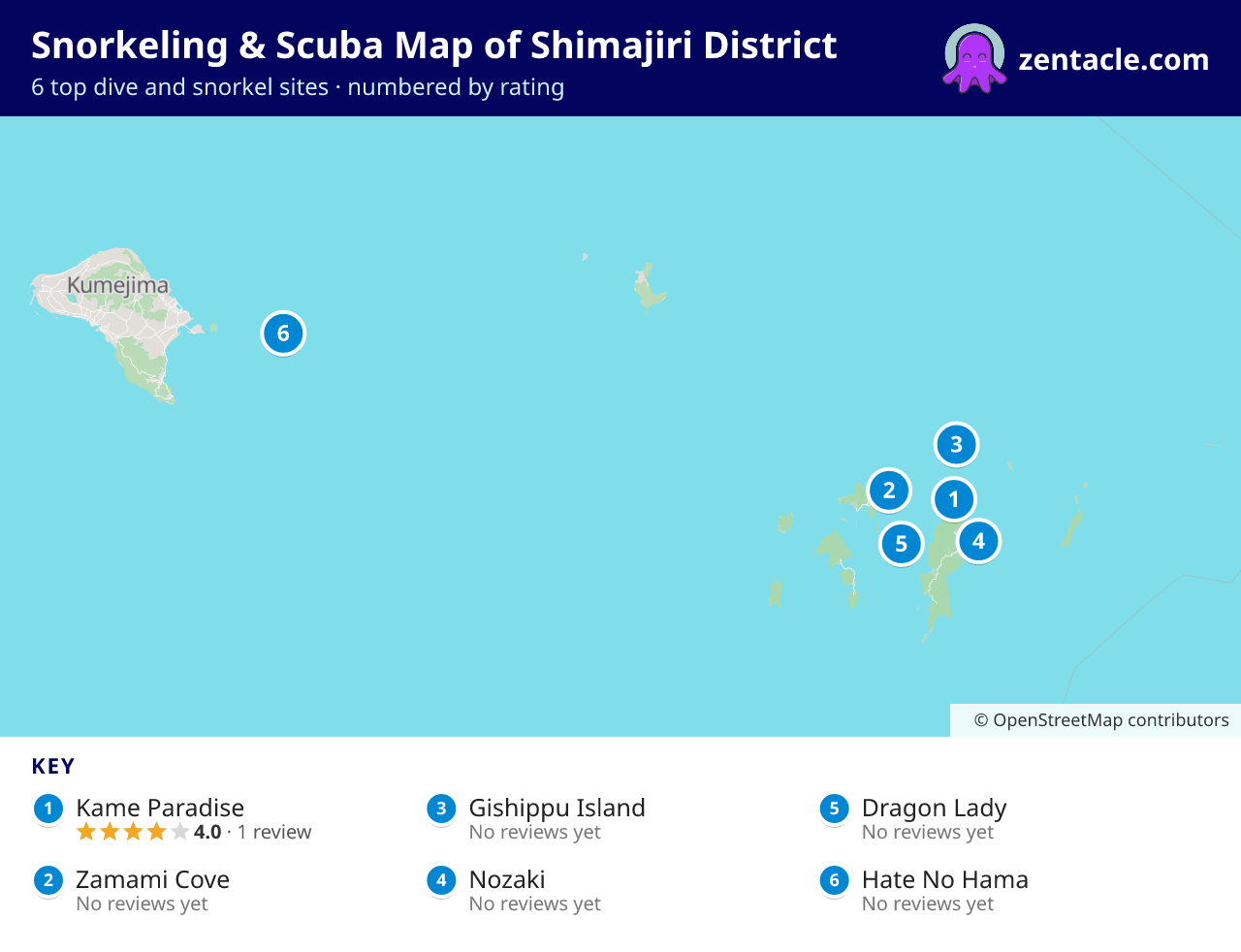 Snorkeling & Scuba Map of Shimajiri District: numbered map of the top 6 dive and snorkel sites, with ratings