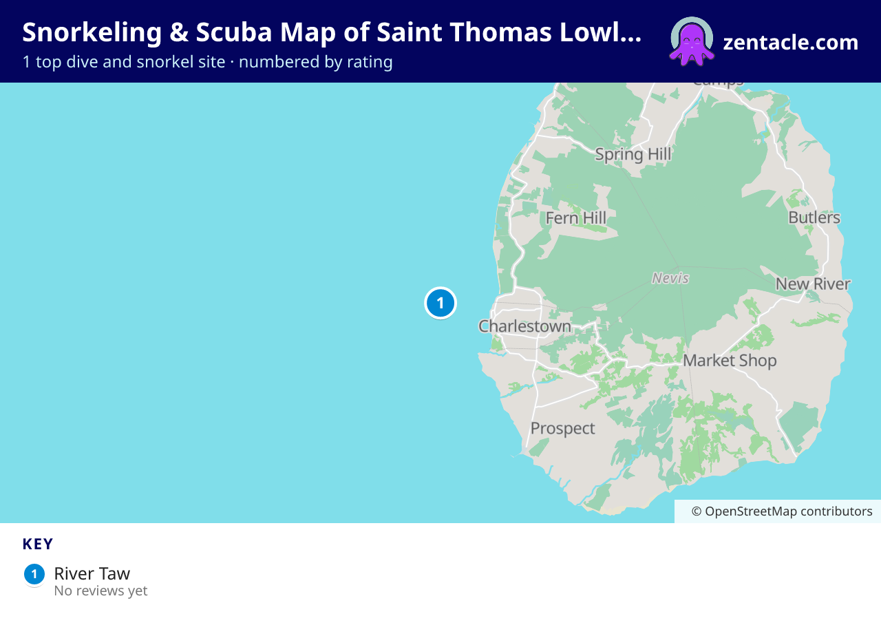 Snorkeling & Scuba Map of Saint Thomas Lowland: numbered map of the top 1 dive and snorkel sites, with ratings
