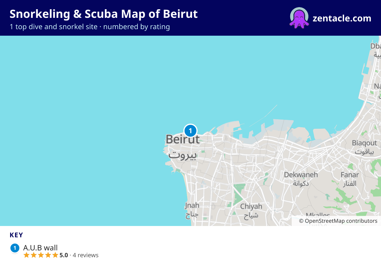 Snorkeling & Scuba Map of Beirut: numbered map of the top 1 dive and snorkel sites, with ratings