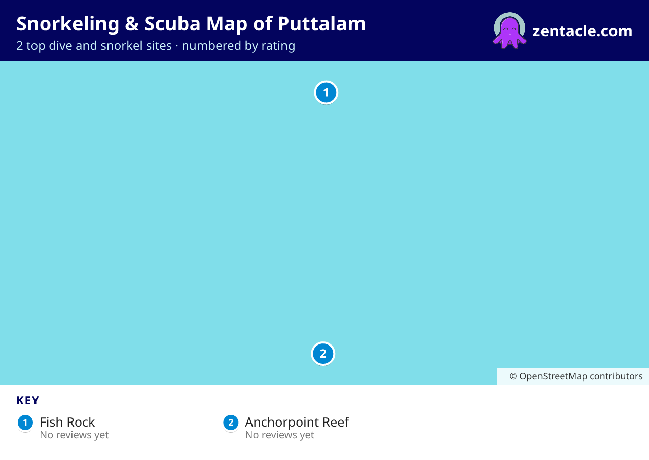 Snorkeling & Scuba Map of Puttalam: numbered map of the top 2 dive and snorkel sites, with ratings