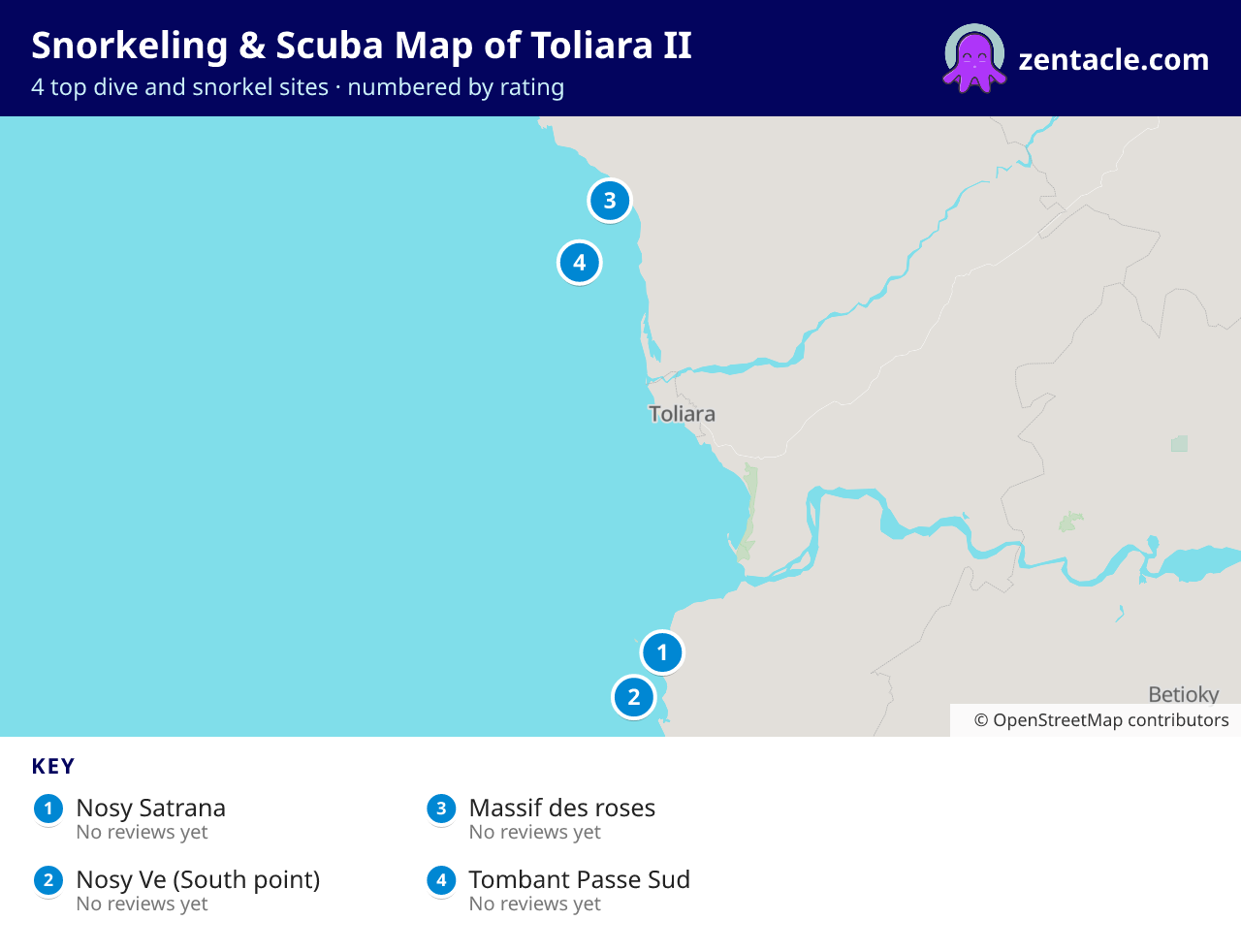 Snorkeling & Scuba Map of Toliara II: numbered map of the top 4 dive and snorkel sites, with ratings