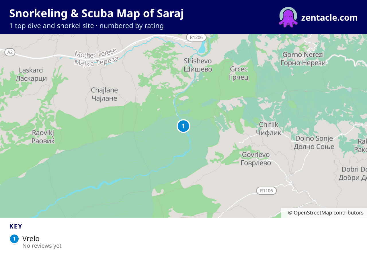 Snorkeling & Scuba Map of Saraj: numbered map of the top 1 dive and snorkel sites, with ratings