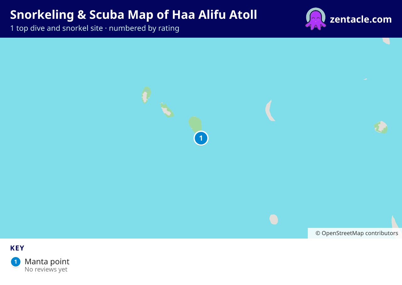 Snorkeling & Scuba Map of Haa Alifu Atoll: numbered map of the top 1 dive and snorkel sites, with ratings