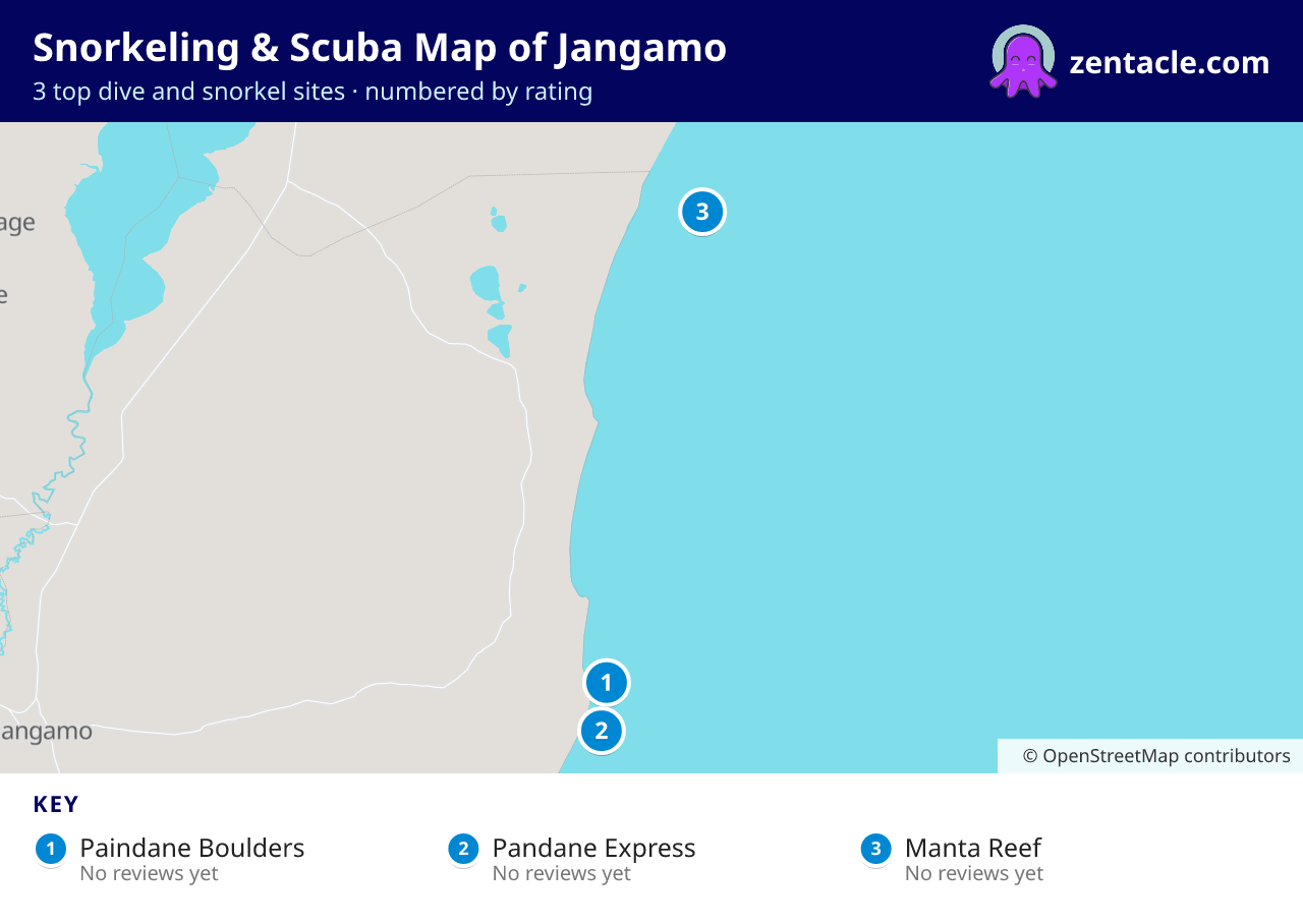 Snorkeling & Scuba Map of Jangamo: numbered map of the top 3 dive and snorkel sites, with ratings