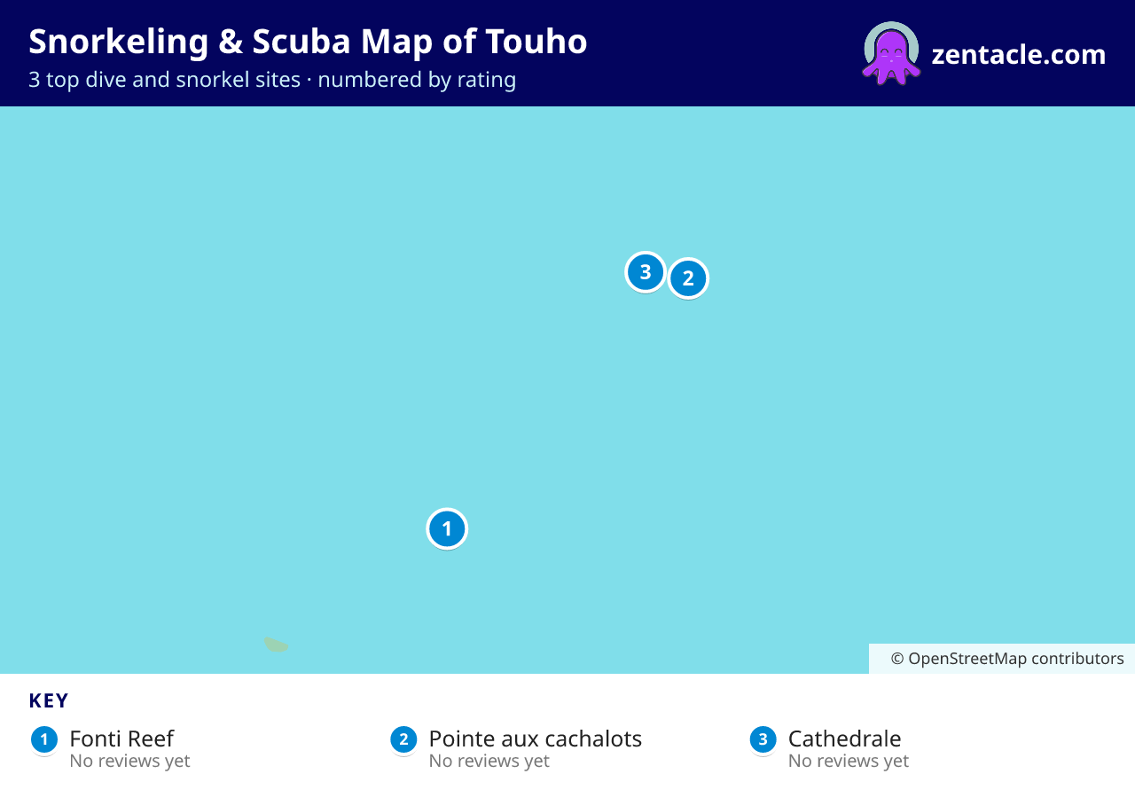 Snorkeling & Scuba Map of Touho: numbered map of the top 3 dive and snorkel sites, with ratings