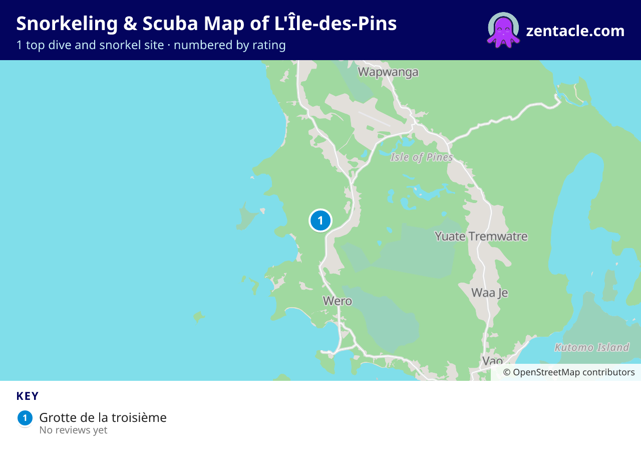 Snorkeling & Scuba Map of L'Île-des-Pins: numbered map of the top 1 dive and snorkel sites, with ratings