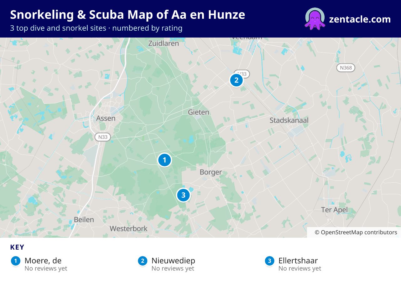 Snorkeling & Scuba Map of Aa en Hunze: numbered map of the top 3 dive and snorkel sites, with ratings