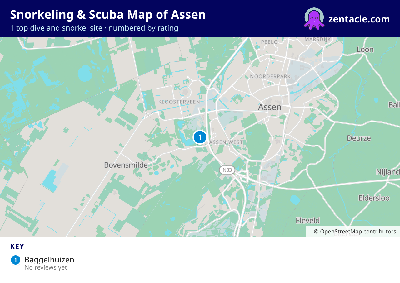 Snorkeling & Scuba Map of Assen: numbered map of the top 1 dive and snorkel sites, with ratings