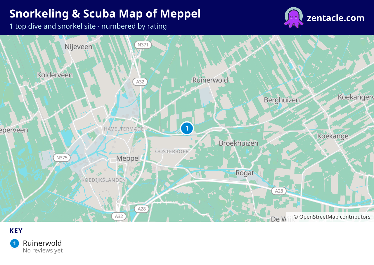 Snorkeling & Scuba Map of Meppel: numbered map of the top 1 dive and snorkel sites, with ratings