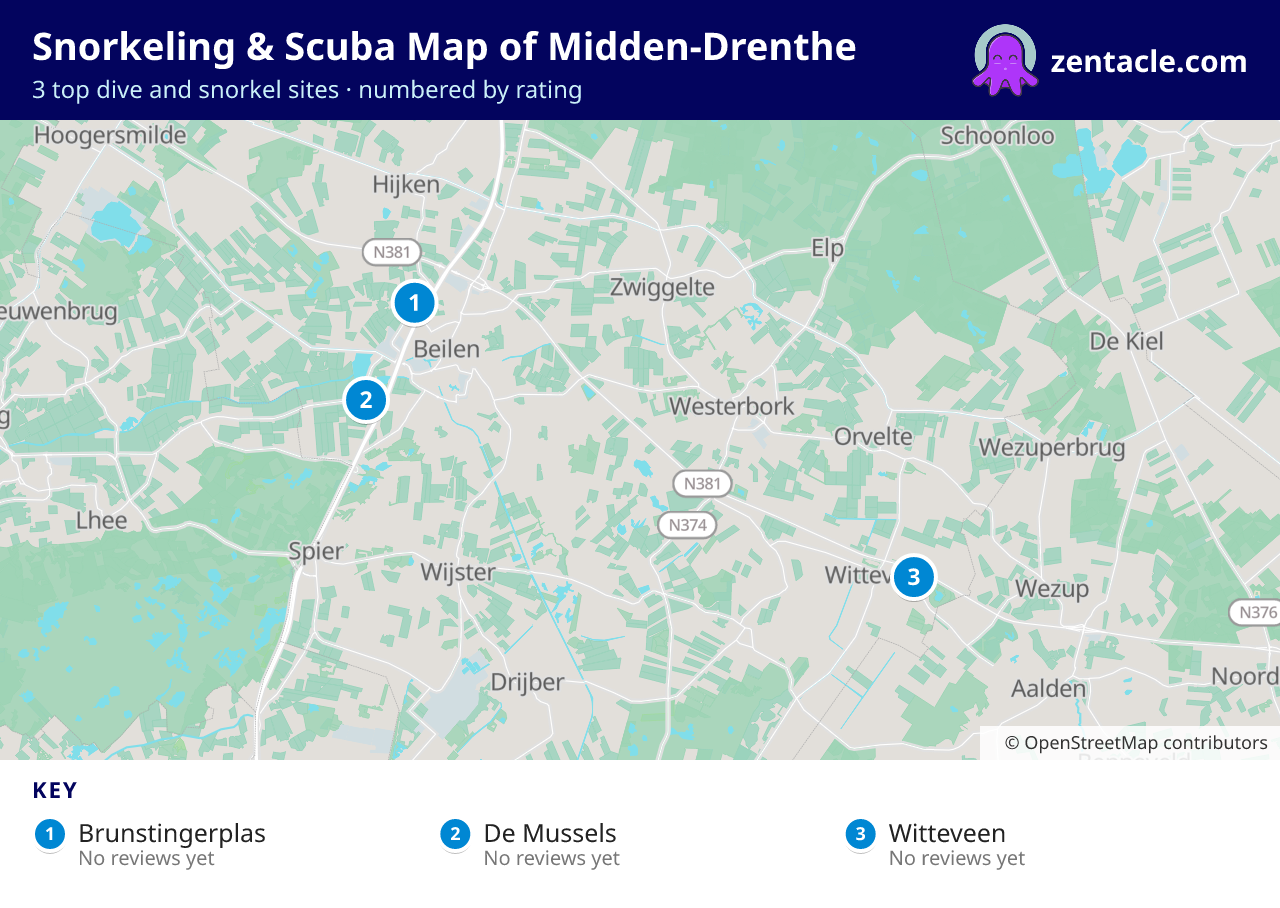 Snorkeling & Scuba Map of Midden-Drenthe: numbered map of the top 3 dive and snorkel sites, with ratings