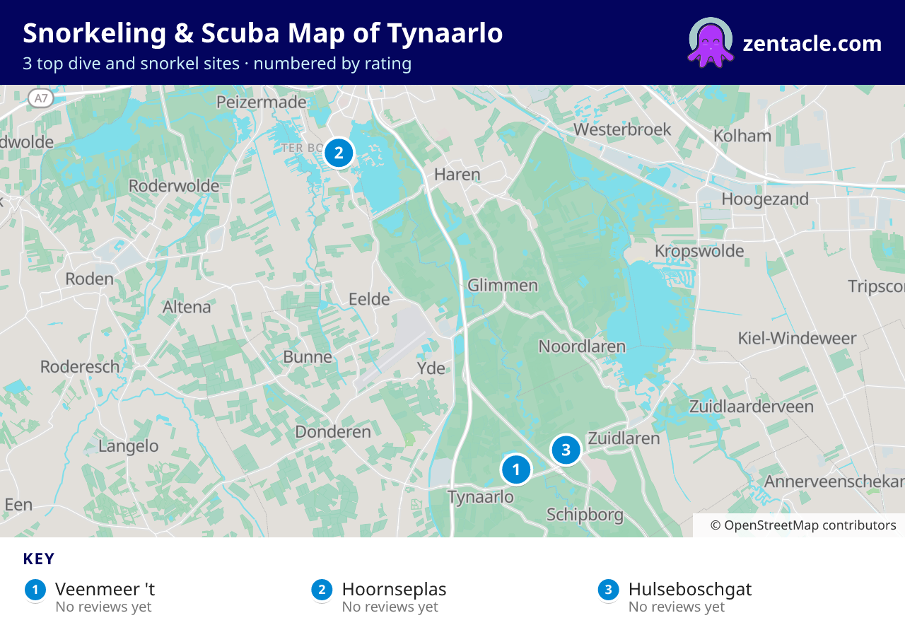 Snorkeling & Scuba Map of Tynaarlo: numbered map of the top 3 dive and snorkel sites, with ratings
