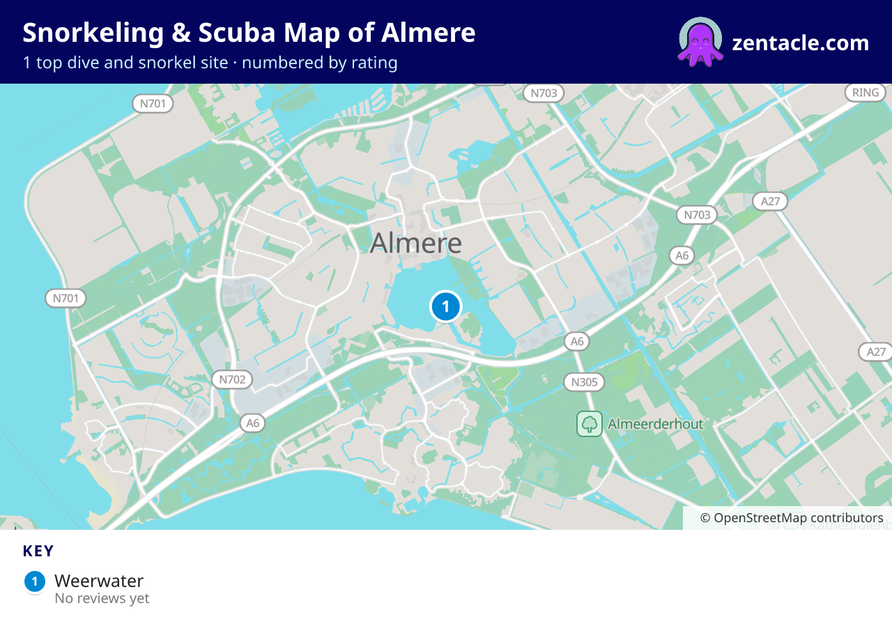 Snorkeling & Scuba Map of Almere: numbered map of the top 1 dive and snorkel sites, with ratings
