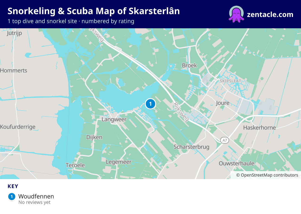 Snorkeling & Scuba Map of Skarsterlân: numbered map of the top 1 dive and snorkel sites, with ratings