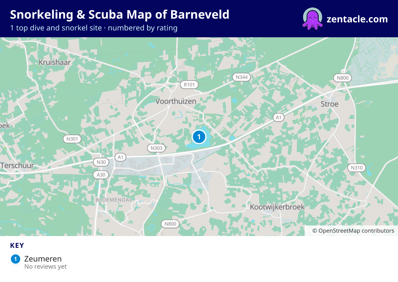 Snorkeling & Scuba Map of Barneveld: numbered map of the top 1 dive and snorkel sites, with ratings