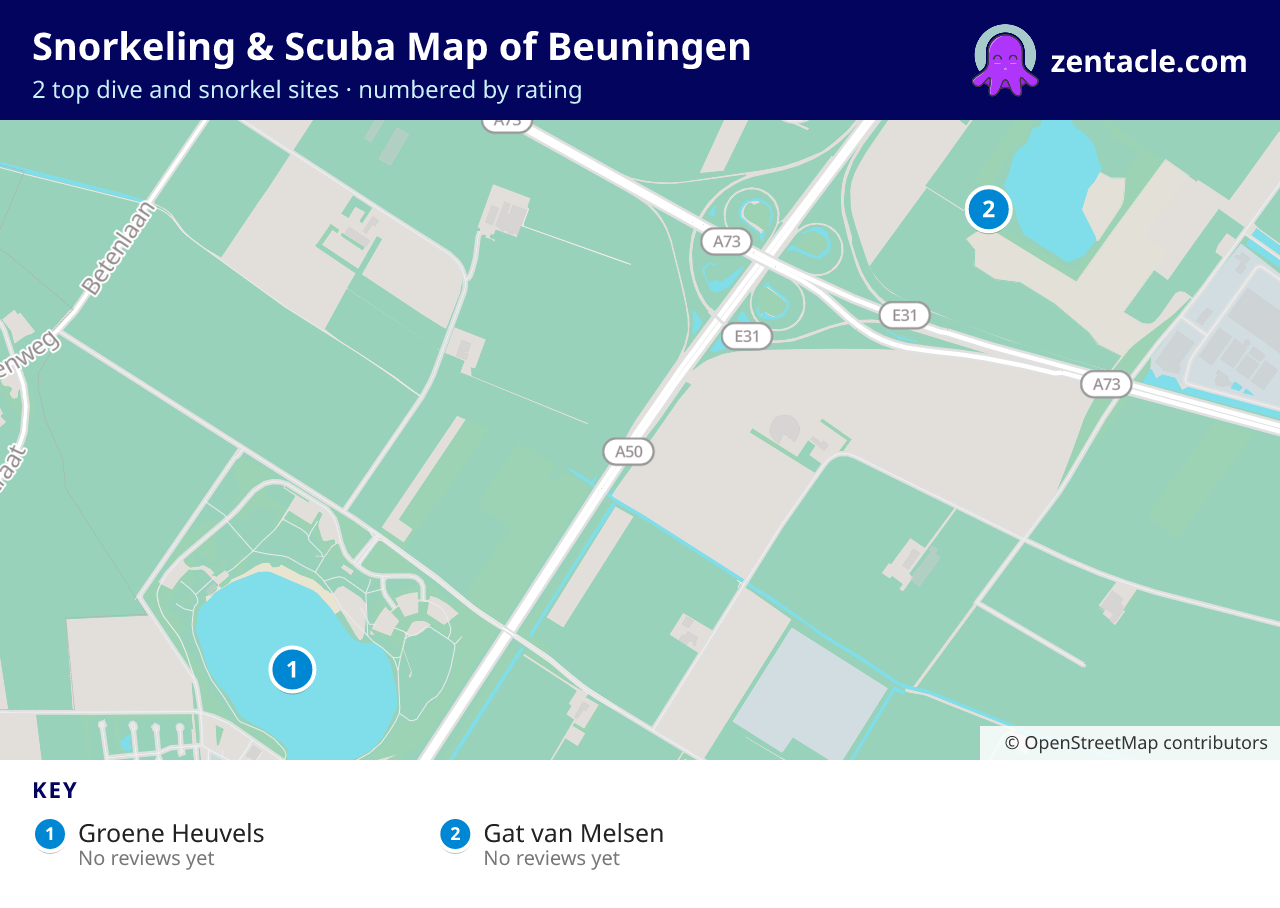 Snorkeling & Scuba Map of Beuningen: numbered map of the top 2 dive and snorkel sites, with ratings