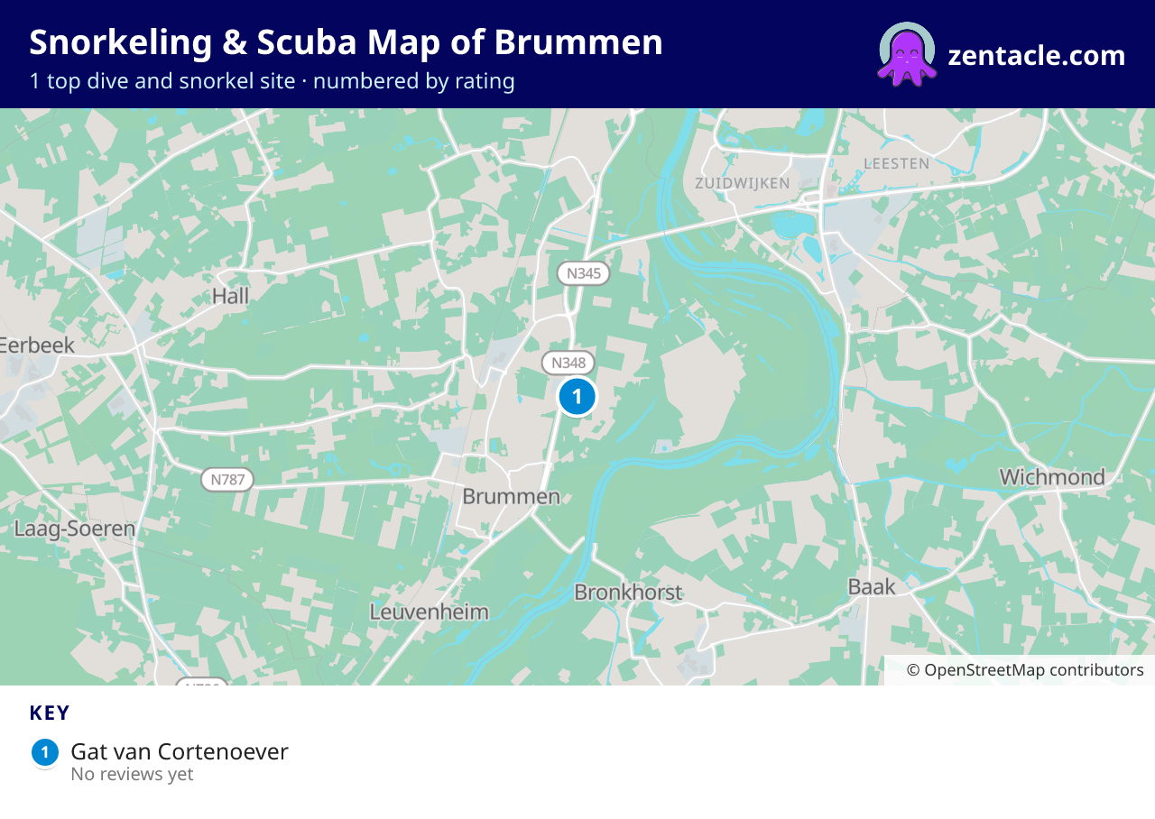 Snorkeling & Scuba Map of Brummen: numbered map of the top 1 dive and snorkel sites, with ratings