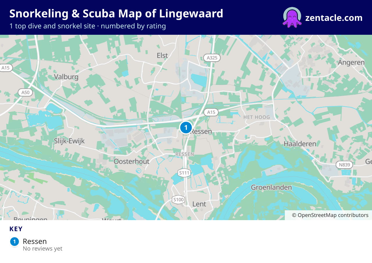Snorkeling & Scuba Map of Lingewaard: numbered map of the top 1 dive and snorkel sites, with ratings