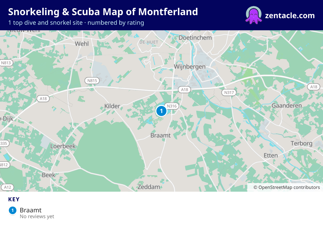 Snorkeling & Scuba Map of Montferland: numbered map of the top 1 dive and snorkel sites, with ratings