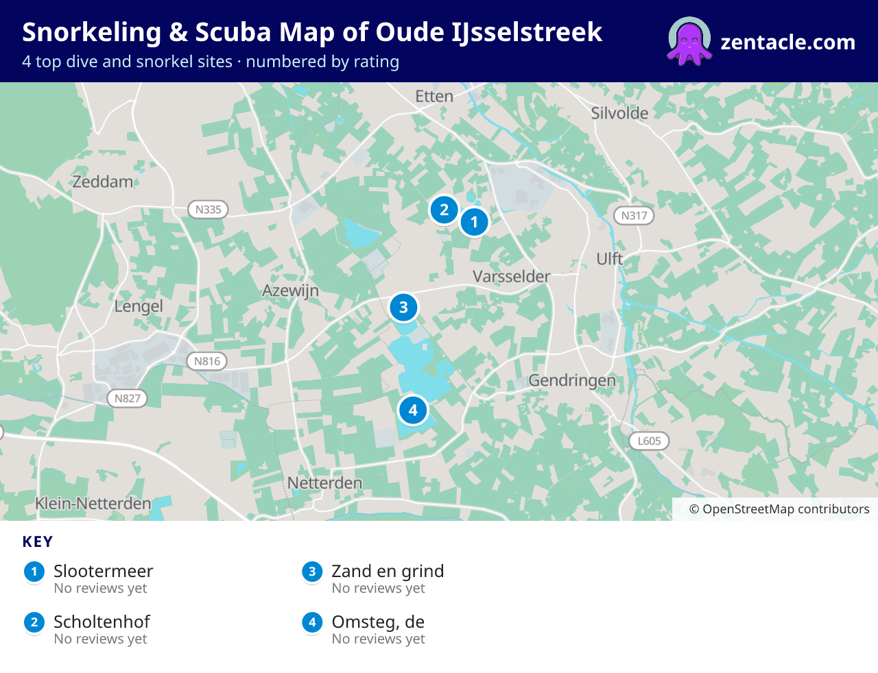 Snorkeling & Scuba Map of Oude IJsselstreek: numbered map of the top 4 dive and snorkel sites, with ratings