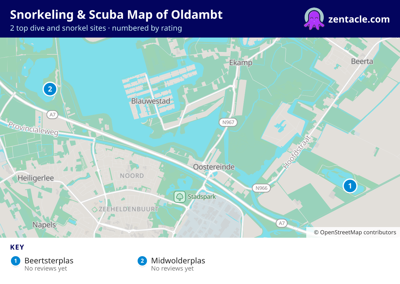 Snorkeling & Scuba Map of Oldambt: numbered map of the top 2 dive and snorkel sites, with ratings
