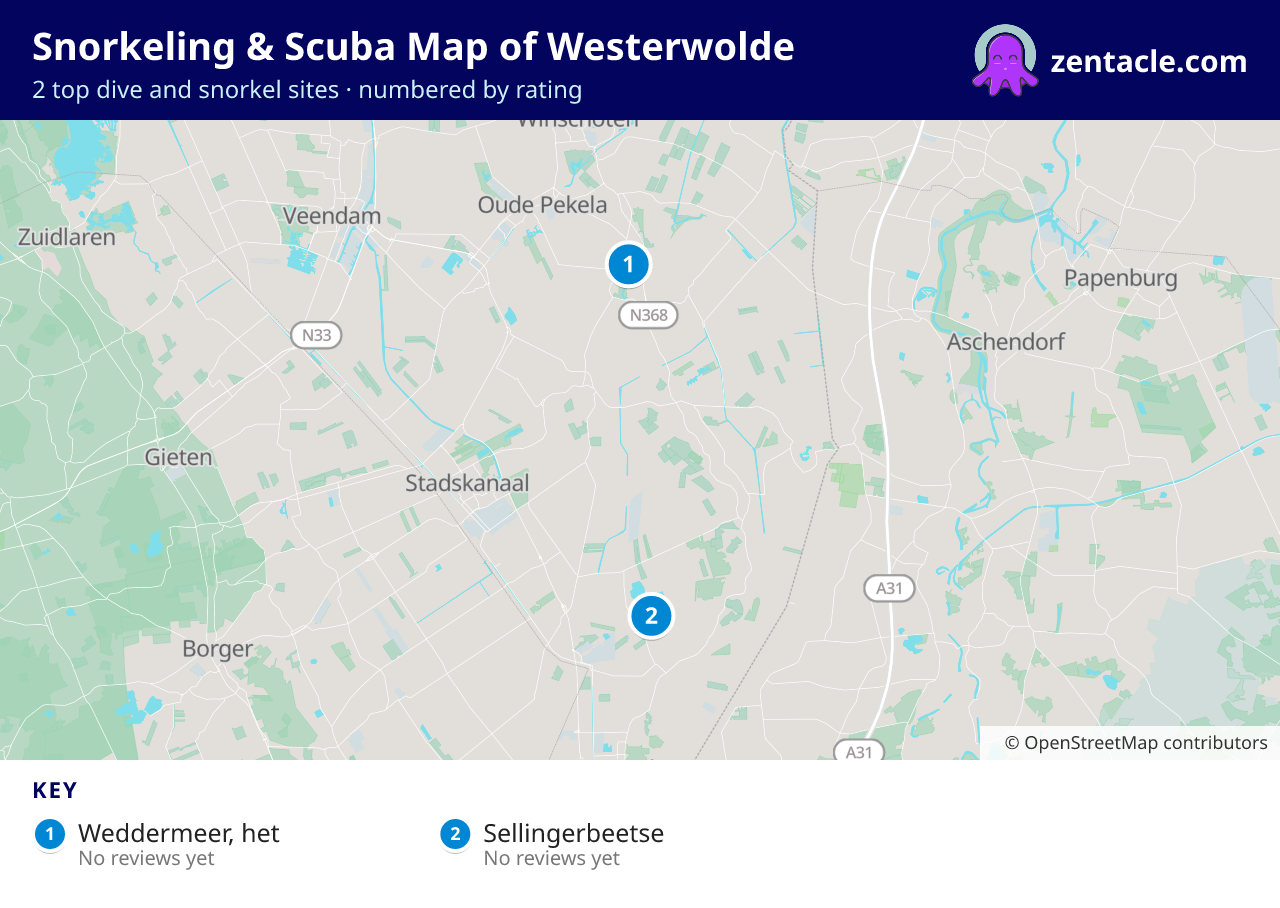 Snorkeling & Scuba Map of Westerwolde: numbered map of the top 2 dive and snorkel sites, with ratings