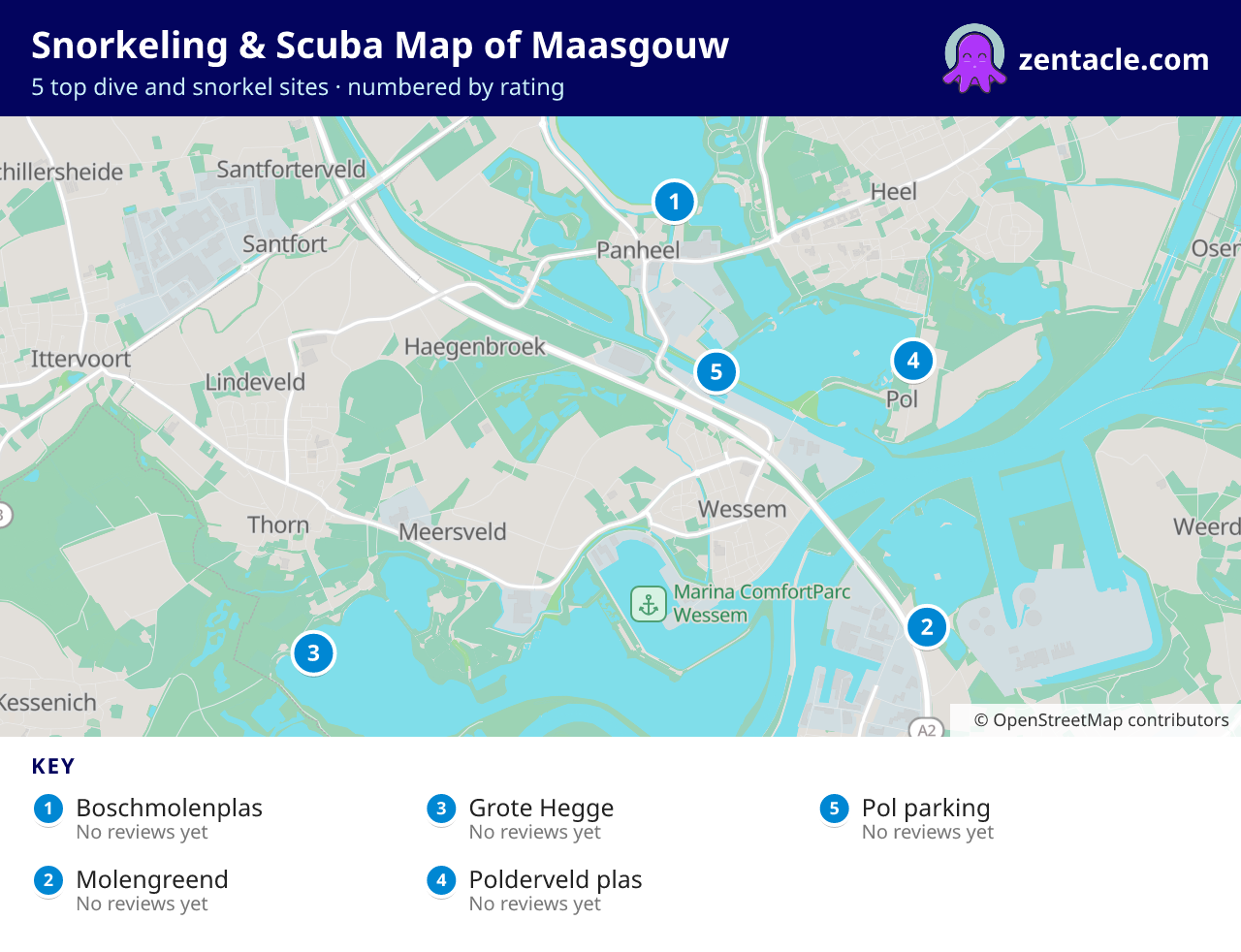 Snorkeling & Scuba Map of Maasgouw: numbered map of the top 5 dive and snorkel sites, with ratings