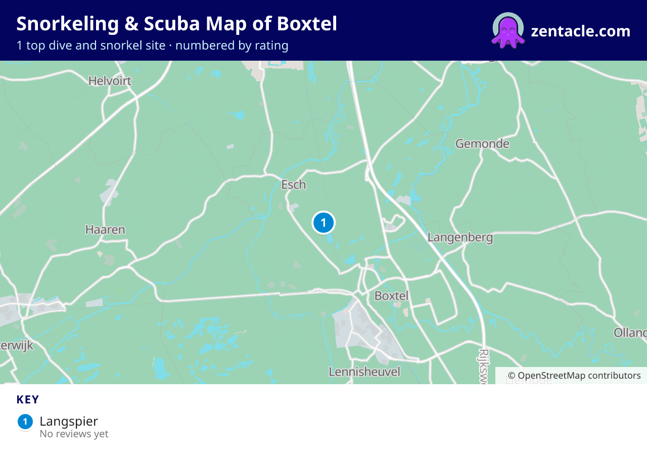 Snorkeling & Scuba Map of Boxtel: numbered map of the top 1 dive and snorkel sites, with ratings