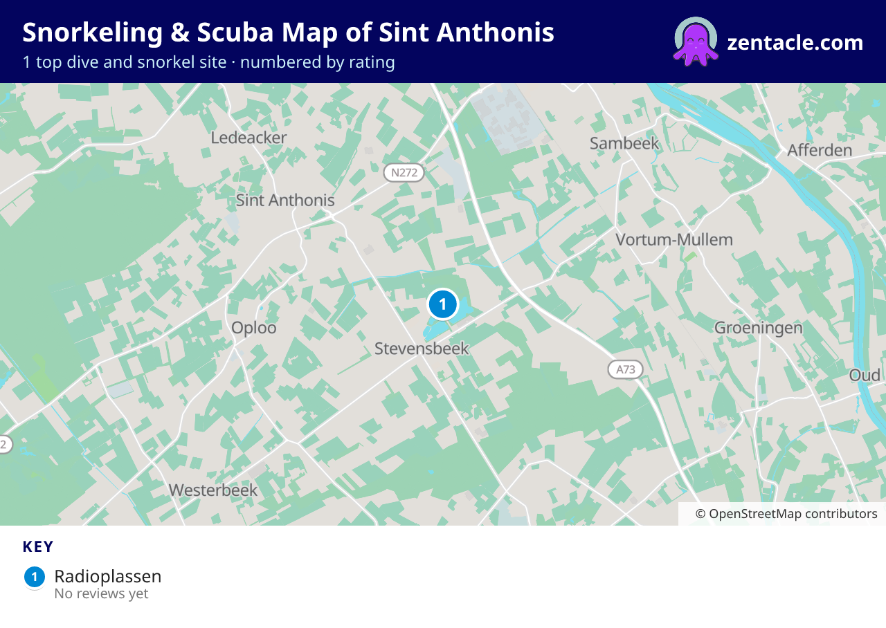 Snorkeling & Scuba Map of Sint Anthonis: numbered map of the top 1 dive and snorkel sites, with ratings