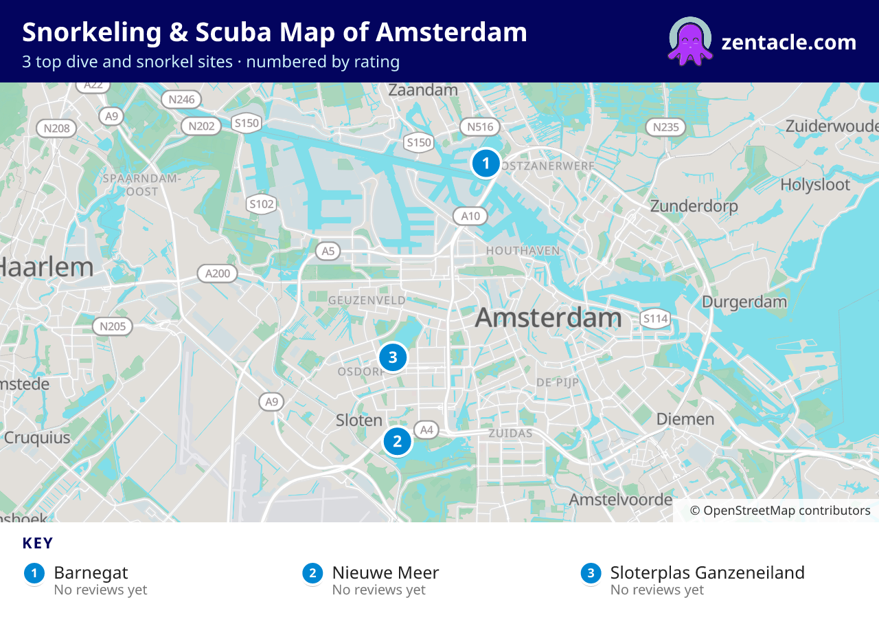 Snorkeling & Scuba Map of Amsterdam: numbered map of the top 3 dive and snorkel sites, with ratings