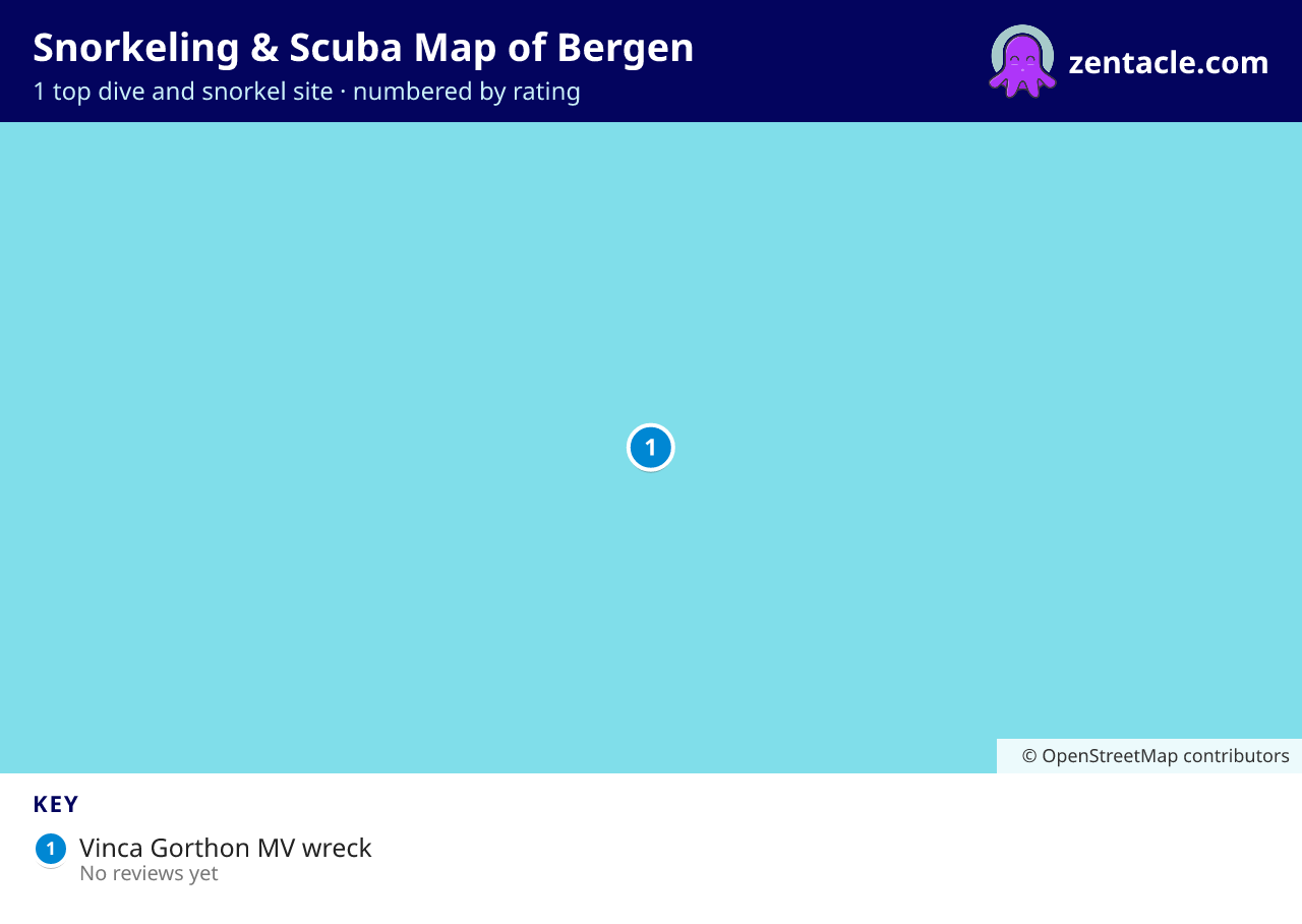 Snorkeling & Scuba Map of Bergen: numbered map of the top 1 dive and snorkel sites, with ratings