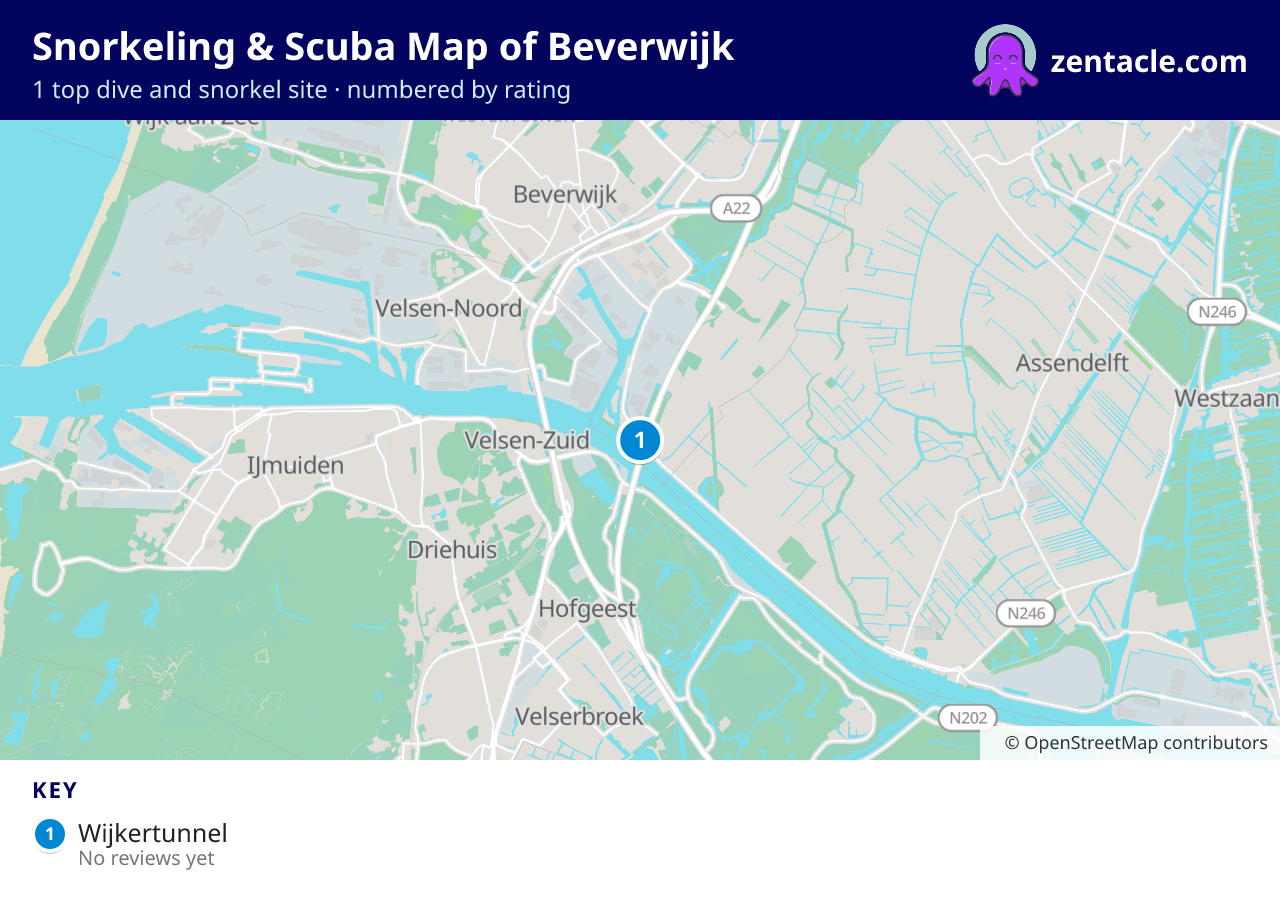 Snorkeling & Scuba Map of Beverwijk: numbered map of the top 1 dive and snorkel sites, with ratings