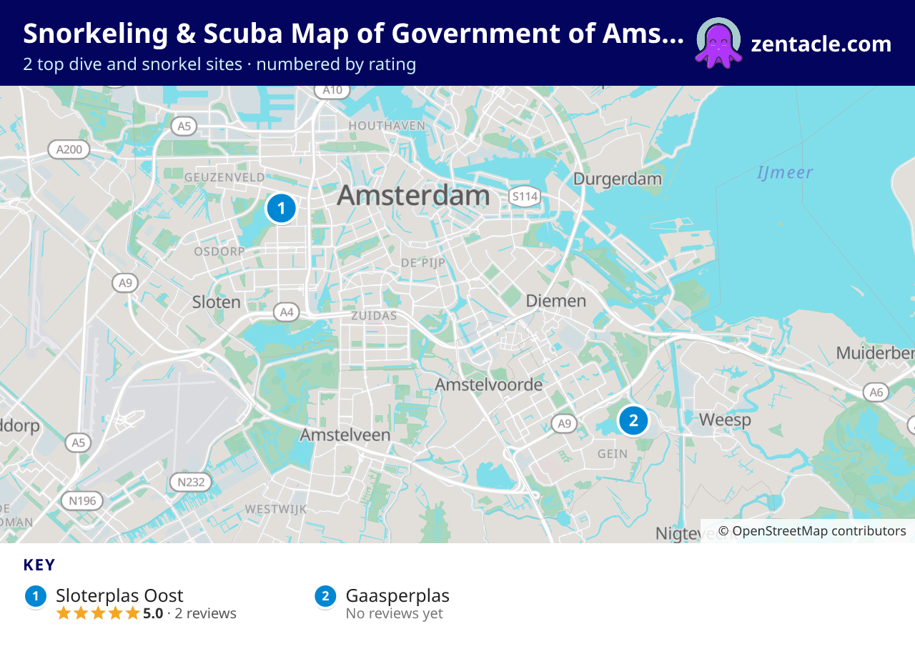 Snorkeling & Scuba Map of Government of Amsterdam: numbered map of the top 2 dive and snorkel sites, with ratings