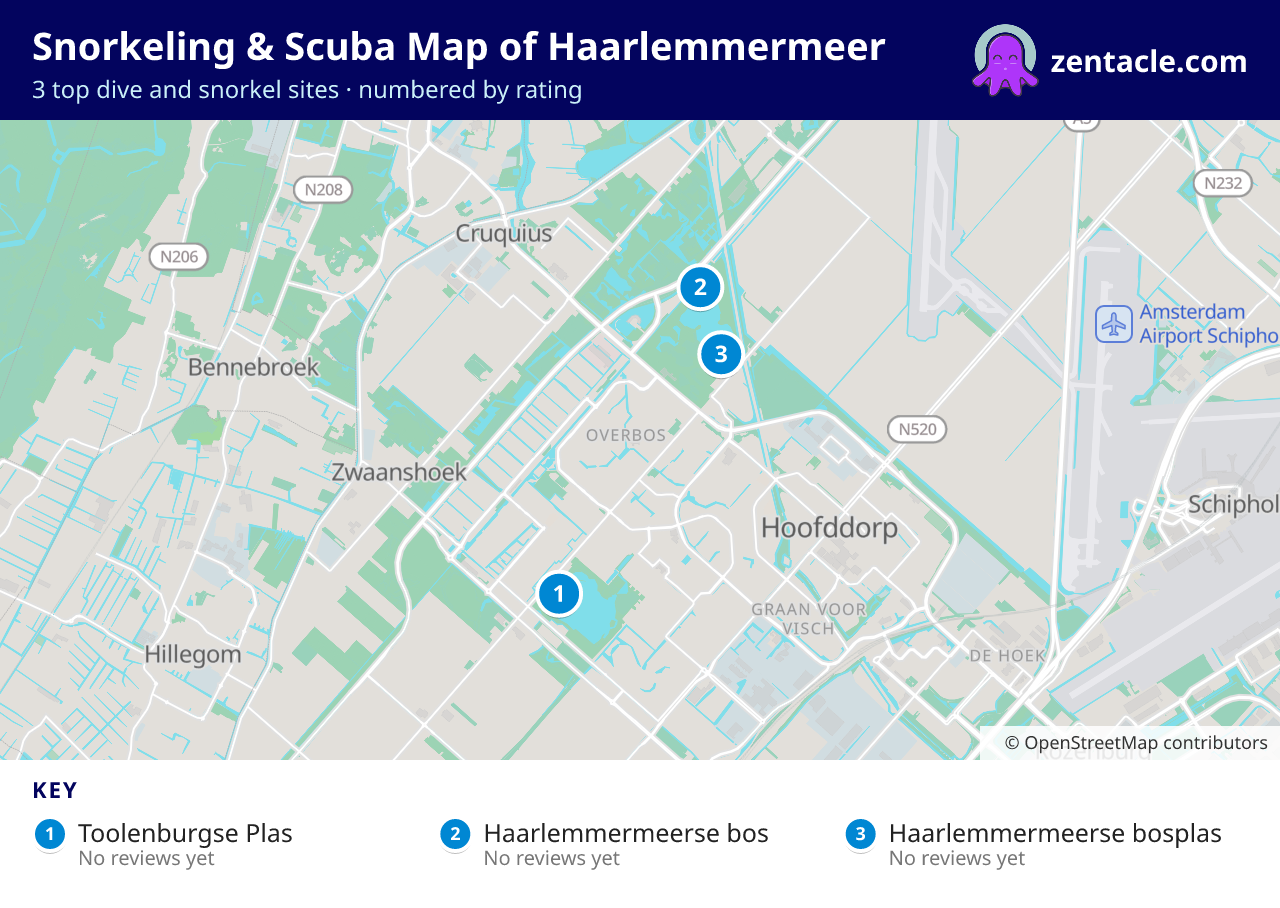 Snorkeling & Scuba Map of Haarlemmermeer: numbered map of the top 3 dive and snorkel sites, with ratings