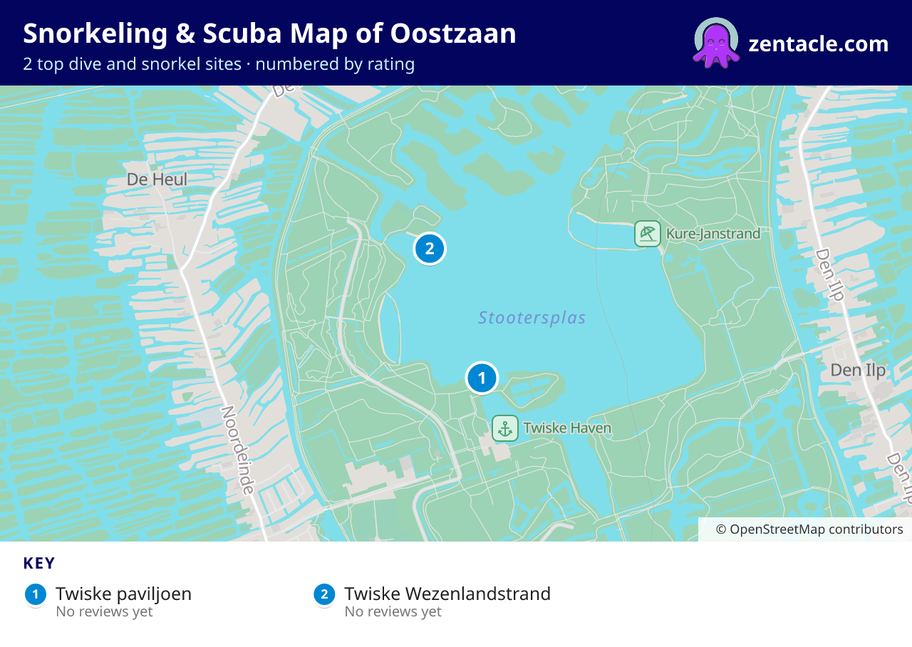 Snorkeling & Scuba Map of Oostzaan: numbered map of the top 2 dive and snorkel sites, with ratings